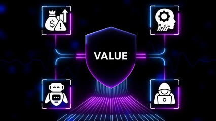 Central shield with word V A L U E connected to icons of money growth risk robot A I and hacker on dark background with neon lights
