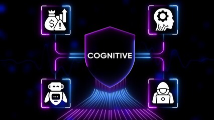 Cognitive technology shield with icons of money growth robot hacker and human brain on dark background with neon lights