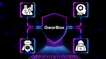 Fototapeta premium Digital shield with icons of money bag A I robot hacker and human head on dark background with neon lights