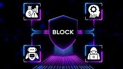 Digital shield with icons of money risk A I robot and hacker connected by neon lines on dark background