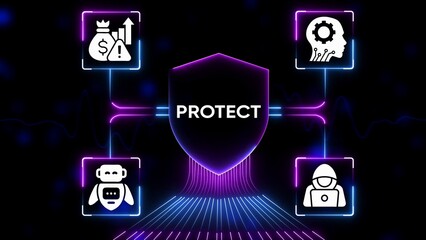 Digital shield with icons representing finance technology artificial intelligence and cyber security threats