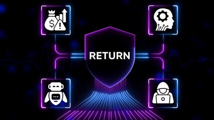 Fototapeta premium Digital shield with return text and icons for finance technology robot and hacker image