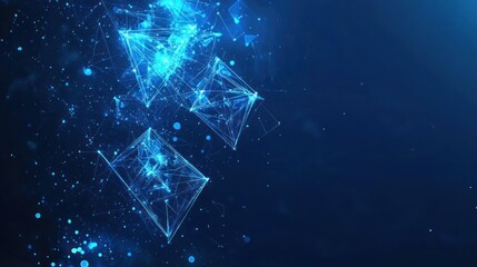 Abstract digital network connections with glowing particles on dark blue background.