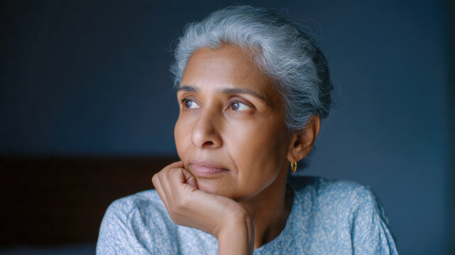 Thoughtful woman thinking person female with gray hair gazing away in soft window light, calm mood, quiet home interior, natural portrait detail and gentle expression evoke reflection and serenity