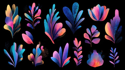 Stylized digital art of colorful leaves and flowers, featuring radiant gradient hues and unique textures on a striking black canvas.
