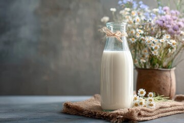 Milk bottle stands on burlap, small daisies arranged, wildflowers in rustic pot in background,  copy space
