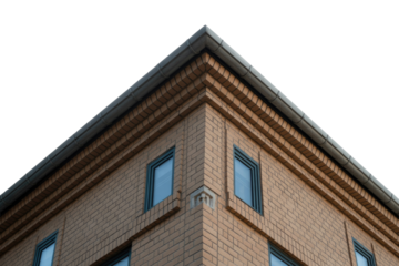 Building corner featuring light brown brickwork, windows, and a grey gutter against a solid transparent background, captured from a low angle. background removed