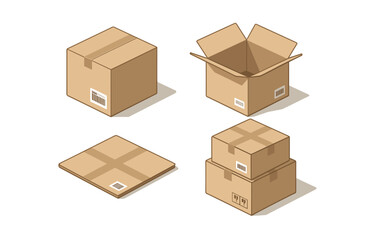 Fototapeta premium Variety of cardboard boxes in isometric style: open, closed, flat, stacked