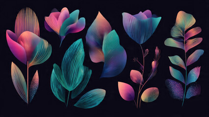 Abstract vibrant glowing flowers and leaves in neon pink, purple, blue, and teal, digitally rendered on a dark background. Modern botanical art.