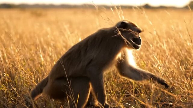 Majestic baboons in golden grasslands captured in a serene natural setting