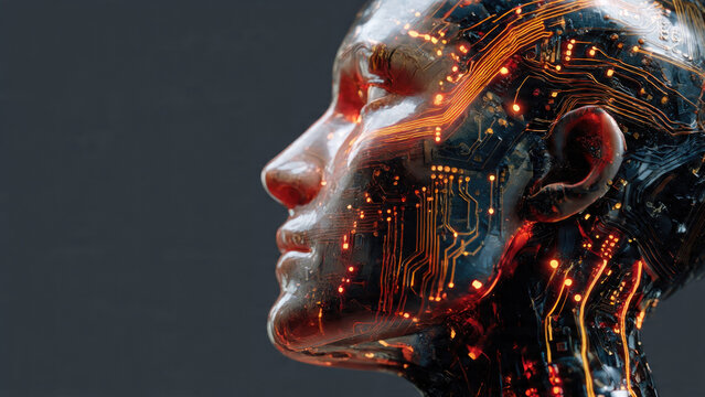 A futuristic cyborg head, intricately designed with glowing circuit board patterns, symbolizes artificial intelligence and advanced human-machine integration.