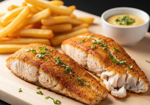 Perfectly cooked fish and golden french fries with dipping sauce on wood - Powered by Adobe