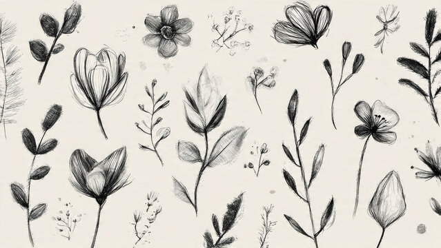 Diverse hand-drawn botanical sketches in monochrome, showcasing textured flowers, leaves, and branches. An artistic, natural pattern on a light background.