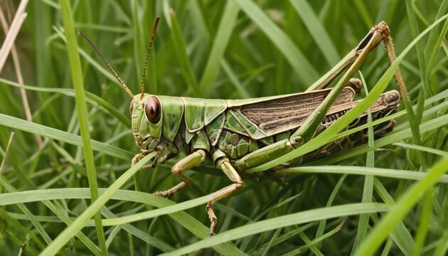 A green grasshopper perfectly camouflaged in lush green grass - Powered by Adobe