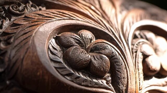 Medium view capturing detailed tribal carving patterns on dark wood emphasizing handcrafted motifs inspired by indigenous culture and symbolic elements.