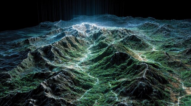 Detailed topographic map of a mountain range aerial view with glowing highlights suitable for presentations 