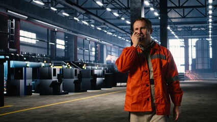 Technician using walkie talkie during job assignment in manufacturing facility, showing the essential communication required to manage tools and machinery. Welding operation.