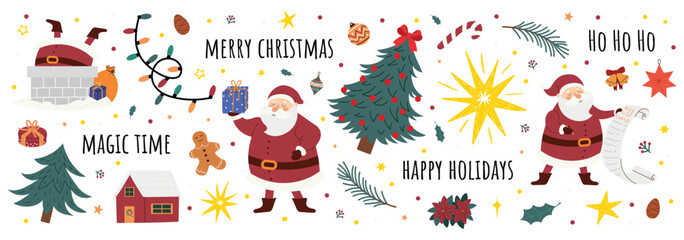 Fototapeta premium Christmas holiday banner with Santa Claus, Christmas tree, gifts, lights, stars and festive elements. Cute winter illustration for greeting cards, web designs, kids projects and seasonal decoration.