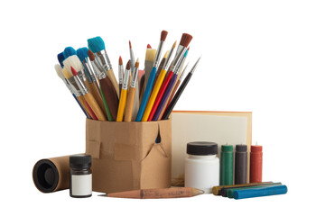 A vibrant collection of colorful artist paintbrushes in a brown holder, alongside various art supplies like paints, a pencil, and paper. background removed
