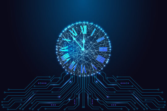 Futuristic Glowing AI Clock with Wireframe Face and Circuit Board Base on Dark Tech Background