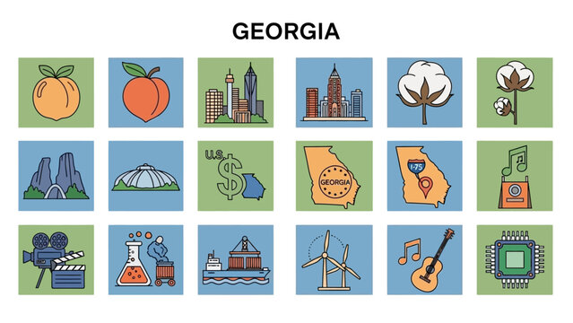 Comprehensive vector icon collection representing the vibrant culture, diverse economy, iconic landmarks, and natural beauty of Georgia state in modern flat design