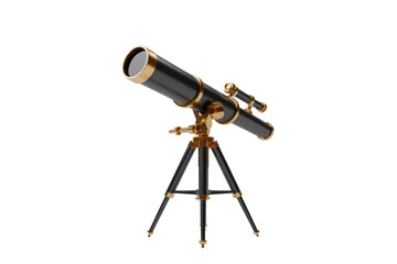 Obraz premium A beautifully rendered vintage-style telescope, black with gold accents, stands poised on its sturdy tripod, ready for celestial observation or exploration. background removed