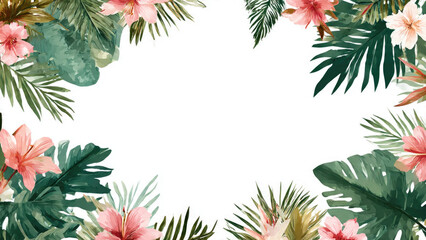 A beautiful watercolor tropical floral frame with lush green leaves and vibrant pink flowers, perfect for invitations or summer designs.
