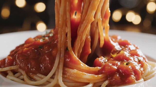 Delicious Spaghetti with Rich Tomato Sauce A CloseUp of Forks Twirling Pasta on a Plate Perfect for Food Blogs and Italian Cuisine Promotions.