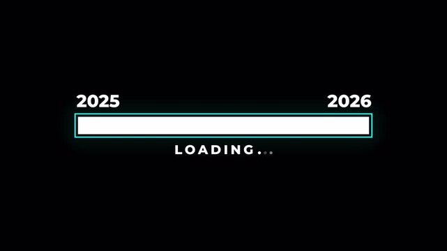 Loading bar from 2025 to 2026 on black background. Suitable for technology concepts, future timeline progress, countdown visuals, and presentations.