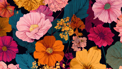 Vibrant floral pattern featuring bold pink, orange, and yellow flowers against a dark background, accented by teal leaves and smaller clusters.