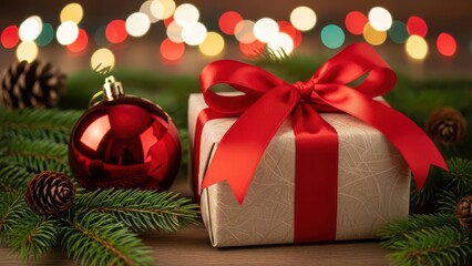 Christmas kraft wrapped present with bold red bow red ornament and winter pine in glowing blurred light