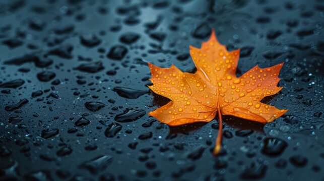 close-up of wet autumn maple leaf on black surface - Powered by Adobe