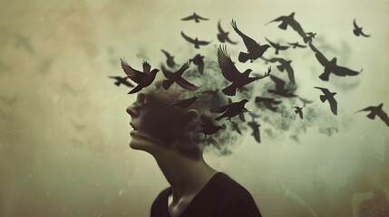 person releasing dark birds from their head, symbolic of stress, anxiety, or bad thoughts flying away