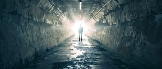 Fototapeta premium person standing in a narrow tunnel with bright light at the end, concept of hope, future, guidance, or light at the end of the tunnel