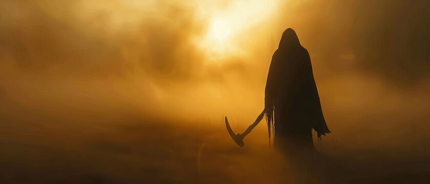 mystical silhouette of a hooded grim reaper holding a scythe in an orange foggy landscape, concept of death, danger, or fear - Powered by Adobe
