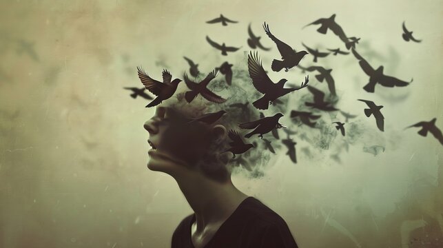 person releasing dark birds from their head, symbolic of stress, anxiety, or bad thoughts flying away