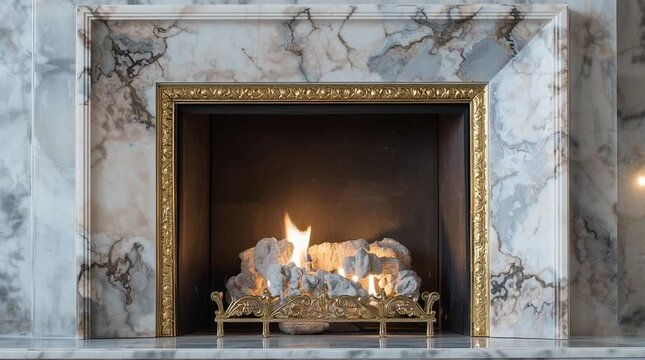 Illuminated fireplace with marble surround and decorative gold accents frame