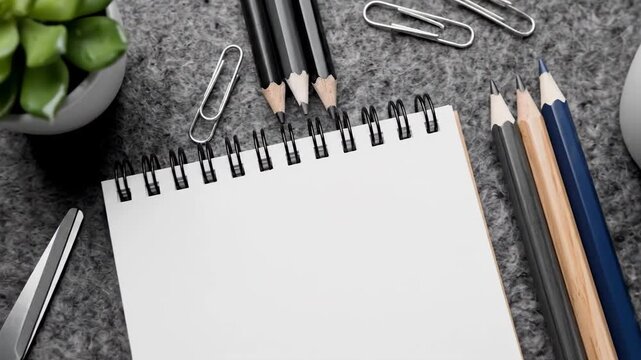 Creative workspace setup with blank notepad and art supplies for planning and design