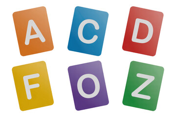 Fototapeta premium Six vibrant, colorful letter cards displaying 'A', 'C', 'D', 'F', 'O', 'Z' on a transparent transparent background, ideal for learning or games. background removed
