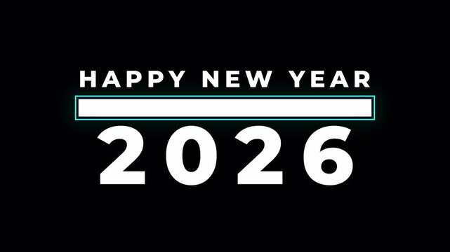 Text celebrating the new year 2026 with loading bar on a black background. Suitable for new years eve party invitations, social media posts, and website banners.