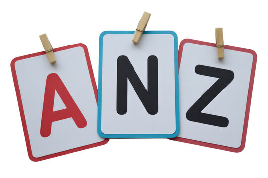 The letters A, N, Z are displayed on three cards, held by wooden clothespins against a solid transparent background. background removed