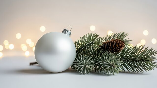 White Christmas bauble with frosted pine needle and pinecone in soft blurred fairy light