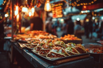 Warm, delicious street tacos are carefully arranged on platters at a busy night market, showcasing fresh ingredients and vibrant colors.