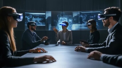 Business Professionals Using VR Headsets for Virtual Meeting and Metaverse Collaboration - Powered by Adobe