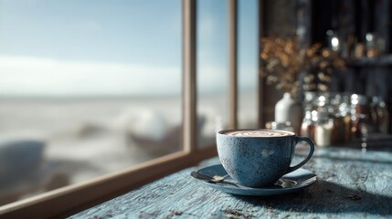 Morning serenity: a steaming latte by the window overlooking the ocean view