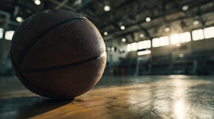 Vintage style basketball resting on a shiny, old indoor court surface