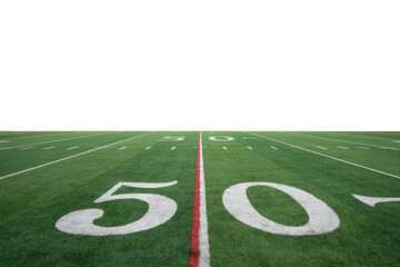 Obraz premium Vibrant green American football field, centered on the bold white '50' yard line with a red mid-field stripe. Ideal for sports themes. background removed