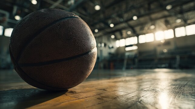 Vintage style basketball resting on a shiny, old indoor court surface - Powered by Adobe