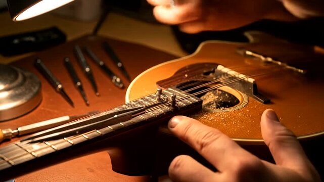 Skilled Luthier Meticulously Repairing a Vintage Mandolin Fretboard.