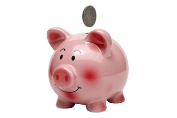 Obraz premium A smiling pink piggy bank, ready to save money, with a coin dropping into its slot on a solid transparent background. background removed